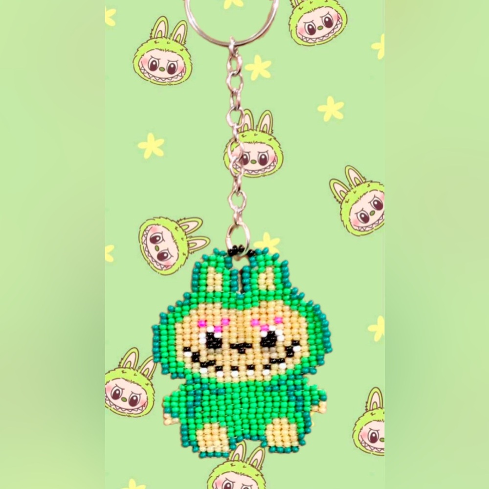 Cutest Handmade Green Grin Monster LaBuBougie Keychain or bag charm Hand Beaded
